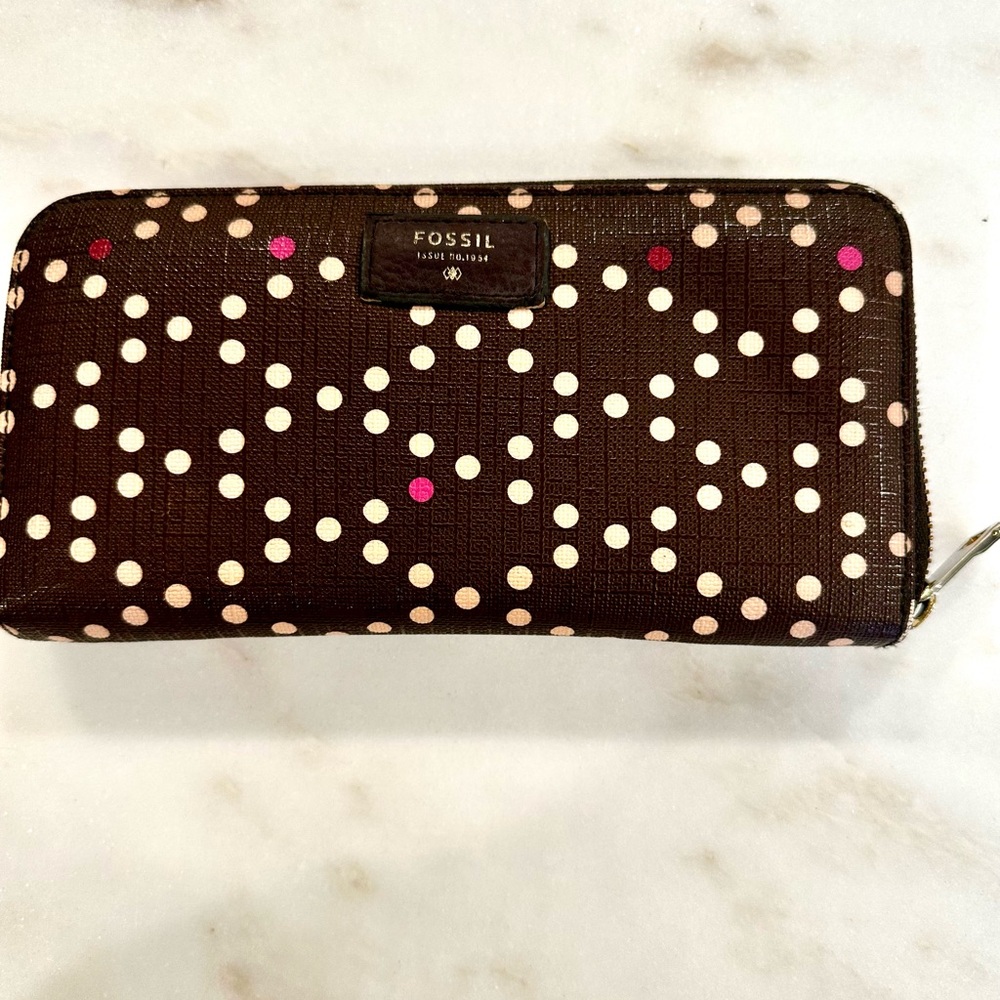 Fossil brown and Pink Polka Dot Wallet